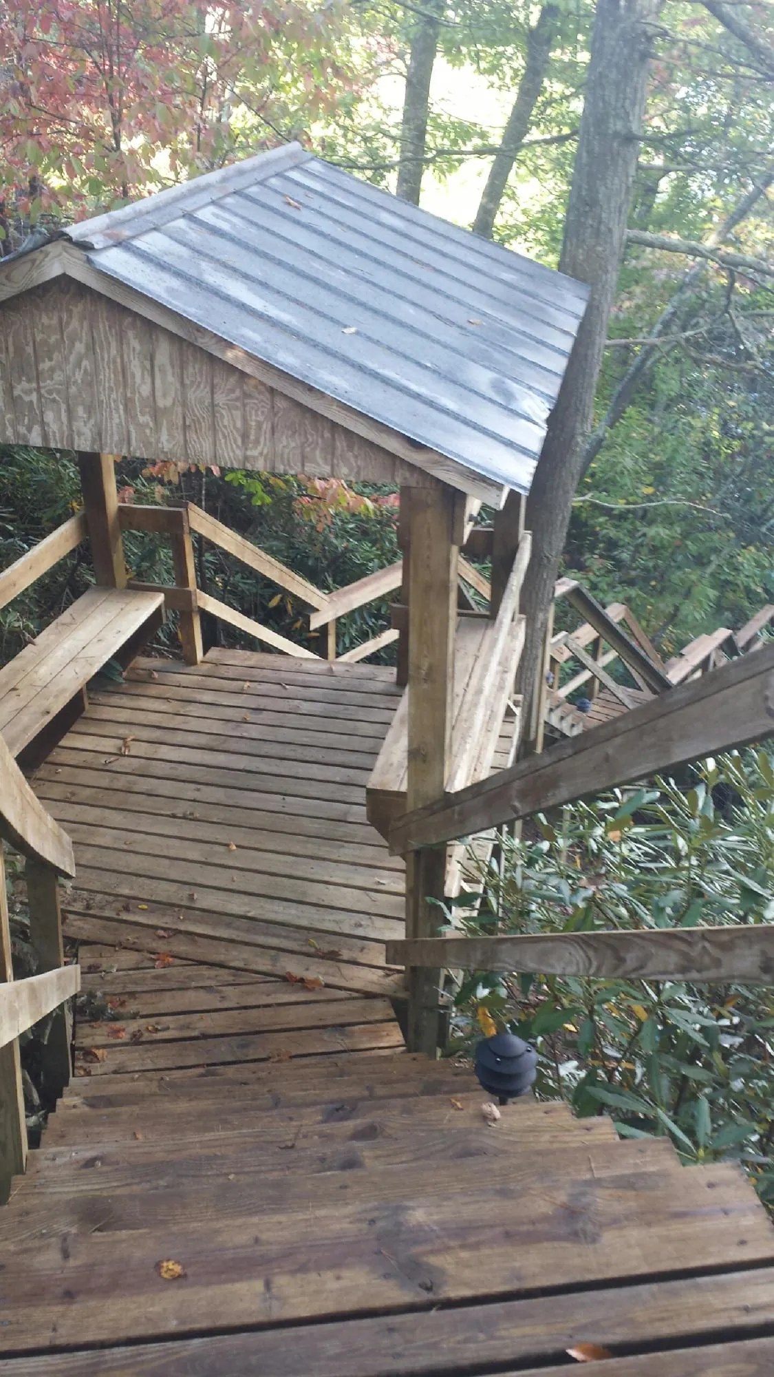 Metal roofed shelter over wooden steps on a wooded walkway — Skylight Repair & Installation work by our crew in Fort Ripley